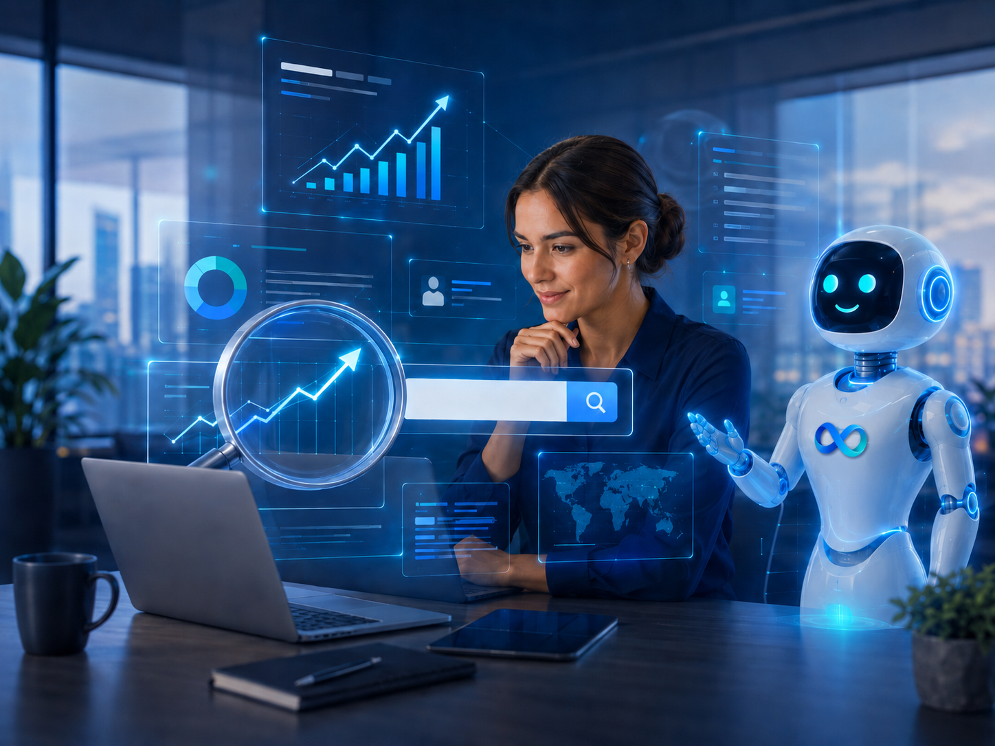 Profissional de SEO com assistente robô e busca com IA
